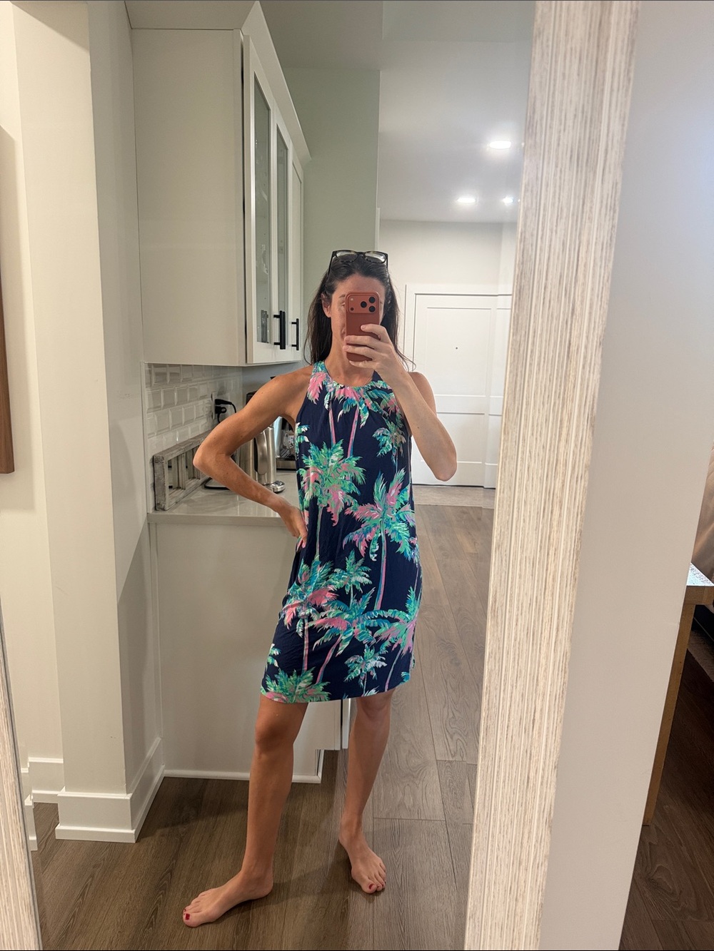 Tori Richard Navy Knee length dress with Green and Pink Palm Print S